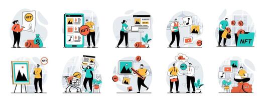 NFT token web concept with people scenes mega set in flat design. Bundle of character situations with digital art auction trading, buying virtual artwork at crypto marketplaces. illustrations. vector