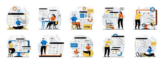 Software development web concept with people scenes mega set in flat design. Bundle of character situations with program and apps creating, engineering and optimization products. illustrations. vector