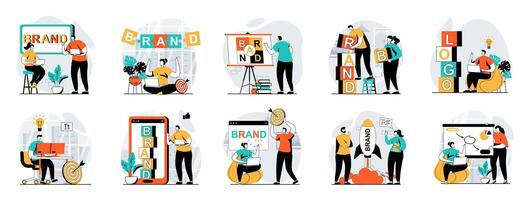 Branding team web concept with people scenes mega set in flat design. Bundle of character situations with logo and identity creating, company personality, launch business brand. illustrations. vector