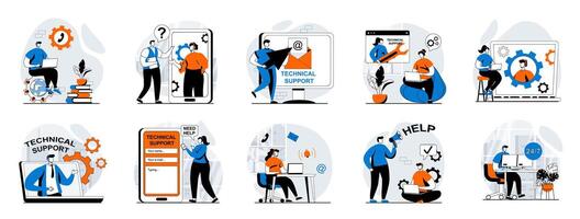 Technical support web concept with people scenes mega set in flat design. Bundle of character situations with online customer service, clients communication, helpdesk assistants. illustrations. vector