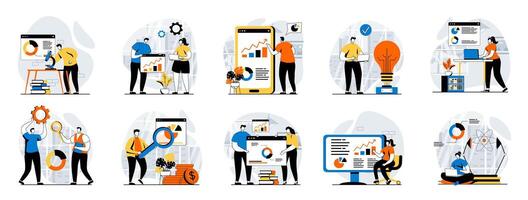 Data science web concept with people scenes mega set in flat design. Bundle of character situations with chart reports research, scientist monitoring and working with databases. illustrations. vector