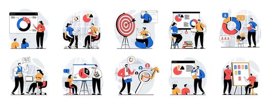 Focus group web concept with people scenes mega set in flat design. Bundle of character situations with marketing research, study customer behavior, doing communication strategy. illustrations. vector
