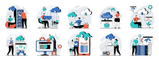 SaaS web concept with people scenes mega set in flat design. Bundle of character situations with cloud processing and programs using with subscription, software as a service. illustrations. vector
