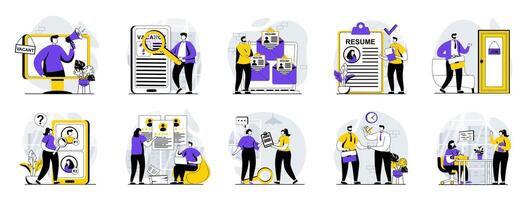 Employee hiring process web concept with people scenes mega set in flat design. Bundle of character situations with human resources, staff recruitment, finding candidates online. illustrations. vector