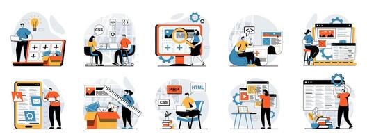 Web development concept with people scenes mega set in flat design. Bundle of character situations with wireframe site layout creation, engineering code and testing scripts. illustrations. vector