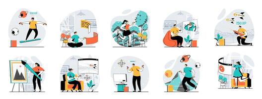 Virtual reality web concept with people scenes mega set in flat design. Bundle of character situations with gaming, working, studying, drawing at VR glasses in augmented space. illustrations. vector