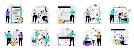 Strategic planning web concept with people scenes mega set in flat design. Bundle of character situations with generating ideas, analyze statistics, creating strategy and target. illustrations. vector