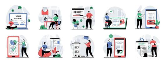 Electronic receipt web concept with people scenes mega set in flat design. Bundle of character situations with paying online check, client gets invoice, making bank transactions. illustrations. vector