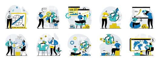 Global economic web concept with people scenes mega set in flat design. Bundle of character situations with developing international business, researching worldwide market trend. illustrations. vector