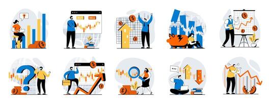 Stock market web concept with people scenes mega set in flat design. Bundle of character situations with investment money, analyzing diagram infographic, buy and sell shares. illustrations. vector