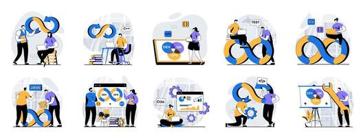 DevOps web concept with people scenes mega set in flat design. Bundle of character situations with agile cycle of development operation, team connection on programming products. illustrations. vector