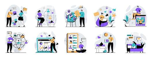 Social network web concept with people scenes mega set in flat design. Bundle of character situations with online communication, follow blogs, sharing posts, global community. illustrations. vector