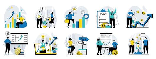 Business making web concept with people scenes mega set in flat design. Bundle of character situations with data marketing research, making plan presentation, strategy creating. illustrations. vector