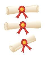 Rolled up graduation diploma scroll with red ribbon and seal, in different positions. Template of paper scroll with seal, certificate of education, antique letter on parchment, ancient manuscript. vector