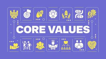 Core values purple word concept. Company principles. Social responsibility. Business ethics. Visual communication. Artwith lettering text, editable glyph icons vector