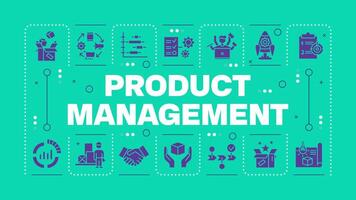Product management green word concept. Product planning, development and launch. PLM. Visual communication. Artwith lettering text, editable glyph icons vector