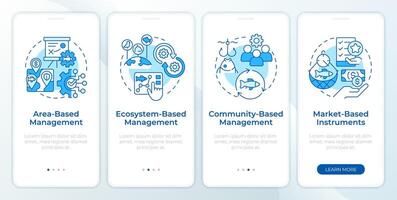 Fisheries strategy types blue onboarding mobile app screen. Walkthrough 4 steps editable graphic instructions with linear concepts. UI, UX, GUI template vector