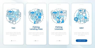 Fisheries organization types blue onboarding mobile app screen. Walkthrough 4 steps editable graphic instructions with linear concepts. UI, UX, GUI template vector