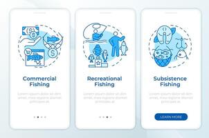 Fisheries types blue onboarding mobile app screen. Walkthrough 3 steps editable graphic instructions with linear concepts. UI, UX, GUI template vector