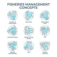 Fisheries management soft blue concept icons. Marine ecosystem, seafood production. Icon pack. Round shape illustrations for infographic, presentation. Abstract idea vector
