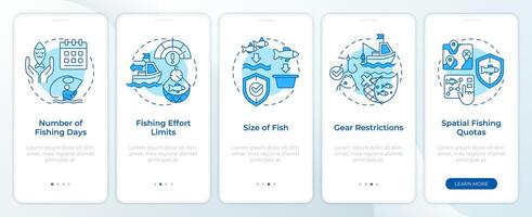 Fisheries workflow organization blue onboarding mobile app screen. Walkthrough 5 steps editable graphic instructions with linear concepts. UI, UX, GUI template vector