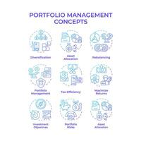 Portfolio management blue gradient concept icons. Investment allocation, interest payment. Icon pack. Round shape illustrations for infographic, presentation. Abstract idea vector