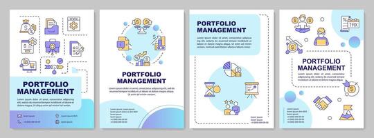 Investment strategies benefits blue gradient brochure template. Leaflet design with linear icons. Editable 4 layouts for presentation, annual reports vector