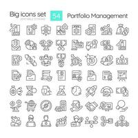 Portfolio management linear icons set. Long term investments. Market condition, return potential. Customizable thin line symbols. Isolated outline illustrations. Editable stroke vector