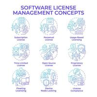 Software license management blue gradient concept icons. Device tracking, access control. Icon pack. Round shape illustrations for infographic, presentation. Abstract idea vector
