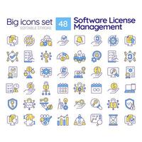 Software license management RGB color icons set. User access control. Pricing plan. Terms and conditions. Isolated illustrations. Simple filled line drawings collection. Editable stroke vector