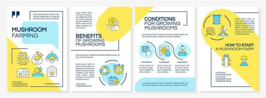 Mushroom farming yellow and blue brochure template. Benefits. Leaflet design with linear icons. Editable 4 layouts for presentation, annual reports vector
