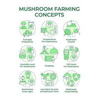 Mushroom farming soft green concept icons. Mushroom cultivation. Indoor farm conditions. Small business. Icon pack. Round shape illustrations. Abstract idea. Easy to use in article vector