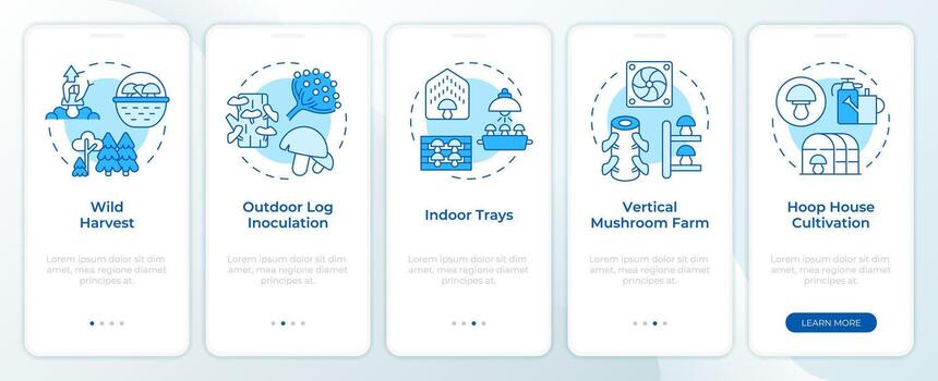 Cultivation techniques blue onboarding mobile app screen. Walkthrough 5 steps editable graphic instructions with linear concepts. UI, UX, GUI template vector