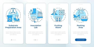 Mushroom farm parts blue onboarding mobile app screen. Walkthrough 4 steps editable graphic instructions with linear concepts. UI, UX, GUI template vector
