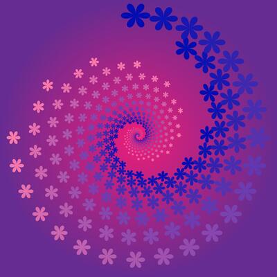 Floral pattern in the form of a spiral of flowers on a blue and pink background