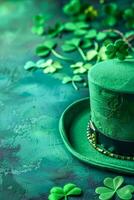Green Hat and Clover Leaves Spread on a Textured Background for St. Patricks Day Celebration photo