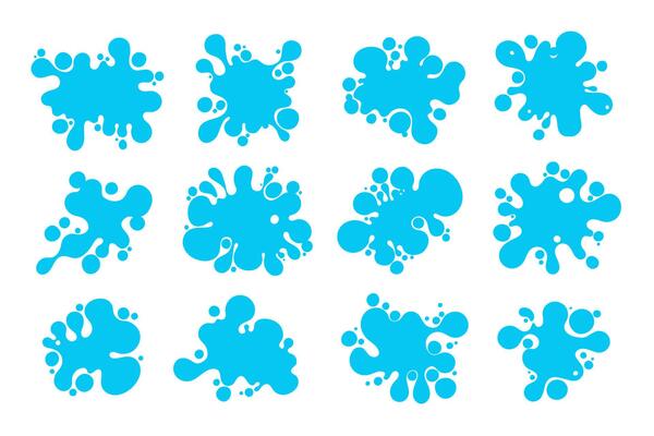 Liquid shapes, frames with uneven wavy edge set, collection. Water, fluid, paint, milk puddle, stain, rounded blot with splashes, drops, blobs, droplets. Design elements, backgrounds.