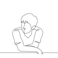 close-up of man's upper body with his arms crossed and leaning his elbows in front of him and looking at the camera - one line art . concept of watching with passion, observer, relaxation vector
