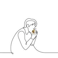 man eating burger in wrapping paper - one line drawing . concept satisfy hunger vector