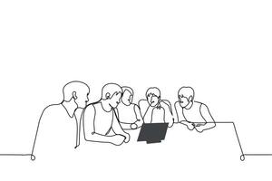 group of people sit at a table and look at a tablet - one line drawing . concept presentation in front of the board of directors or employees, watching movie with a group of friends vector
