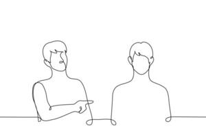 man pointing finger at another man - one line art . concept of singling someone out, favorite, shifting blame vector