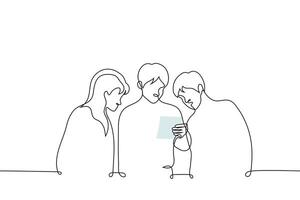 group of people stand and read a note small sheet of paper - one line drawing . concept family reads a family member's farewell message vector