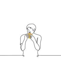 man eating sandwich - one line drawing . concept man standing and biting a sesame bun sandwich vector