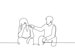 man consoles an upset woman sitting next to her - one line art . concept man put hand on the shoulder of women who covered eyes with her hand and sits next to him vector