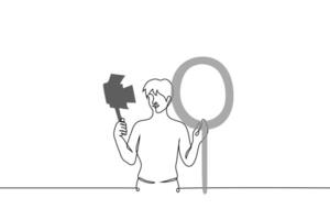 short haired woman standing lit by light from studio lamp and round lamp - one line drawing . concept blogger chooses light for shooting or shooting process vector