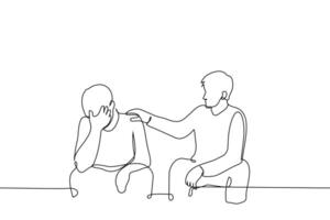 man consoles an upset man sitting next to her - one line art . concept man put hand on the shoulder of man who covered eyes with his hand and sits next to him vector