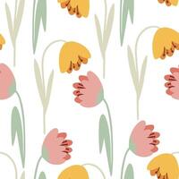 seamless pattern with delicate spring flowers, tulips in doodle style on white background vector