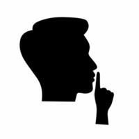Please be quiet and calm. Shhh gesture icon with man's face and hands. Finger covering mouth on white background. silhouette. vector