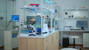 Empty laboratory modernly equipped with nobody in it, prepared for pharmaceutical innovation using high tech and microbiology tools for scientific research. Vaccine development against covid19 virus. photo