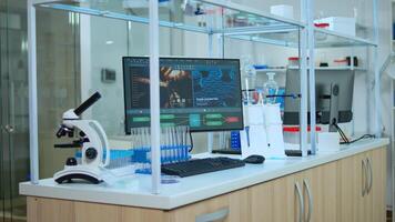 Chemist laboratory with nobody in it modernly equipped prepared for pharmaceutical innovation using high tech and microbiology tools for scientific research. Vaccine development against covid19 virus photo